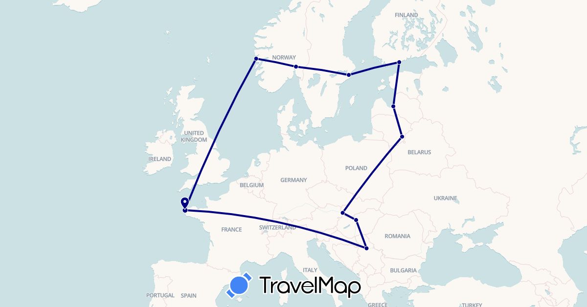 TravelMap itinerary: driving in Finland, France, Hungary, Lithuania, Latvia, Norway, Serbia, Sweden, Slovakia (Europe)